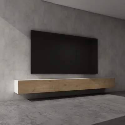 Image de doporro Meuble TV Bas 300x40,2x30cm Armoire TV Blanc Mat + Marron Clair Table de Télévision Salon avec Portes Meuble TV Suspendu MBTV02