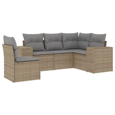 Produktbild von Modulares Gartenmöbel-Set, 5-teilig, mit Stauraum, PE-Rattan Beige, UV-beständig, abnehmbare Kissen Hellgrau