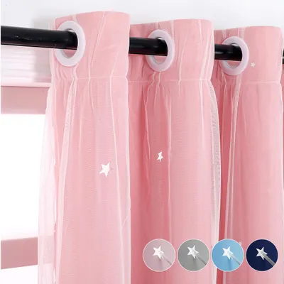 Produktbild von Gardine Aushöhlen Stern Vorhang Doppellagiger Voile Blickdicht Ösenschal für Schlafzimmer Kinderzimmer, Rosa, 130x215cm