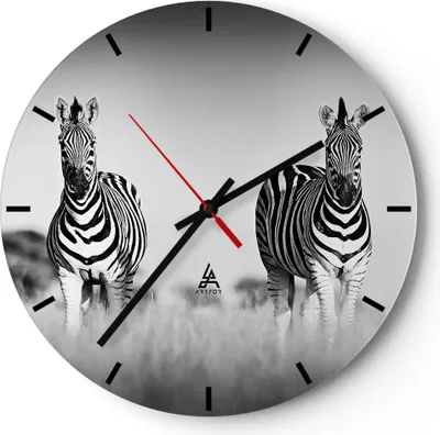 Produktbild von Wanduhr - Rund - Glasuhr - Zebras Fotografie Schwarzweiß - 30x30cm - Schleichendes Uhrwerk - Lautlos - zum Aufhängen bereit - Dekoration Modern - Wanddekoration aus Glas - C3AR30x30-4476