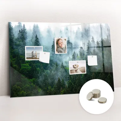 Obrázek produktu pro Magnetická Tabule na Zeď Skleněná - Memo Board Kleněnou Přední Stranou - 5 magnetů v balení - 90x60 cm - Mlžný les