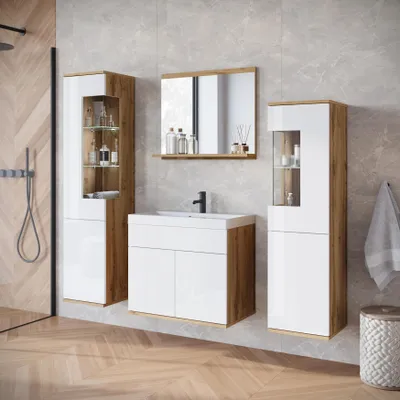 Produktbild von MINIO go for it, NIKITA, Set 5-teilig mit Waschbecken, Spiegelschrank, Hochschränke, Unterschrank, LED-Beleuchtung, Eiche Wotan / Weiß Hochglanz