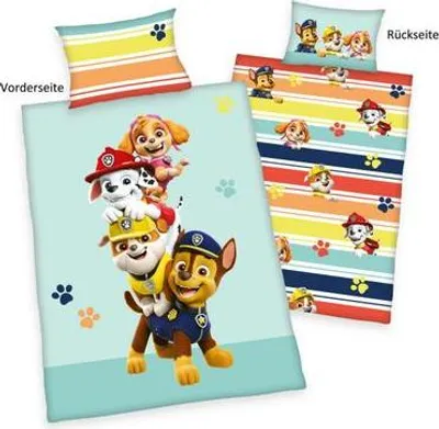 A collage showing two sides of a Paw Patrol themed bedding set, including a pillowcase and duvet cover.