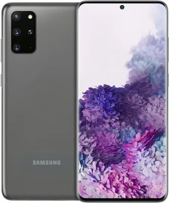 A gray Samsung Galaxy S20+ 5G smartphone is shown from the back and front, with the screen displaying a colorful abstract image.
