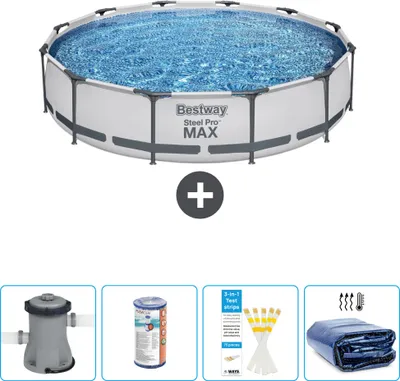 Produktbild von Bestway Round Steel Pro MAX Schwimmbad – 366 x 76 cm – Grau – inklusive Pumpe Filter - Teststreifen - Sonnensegel