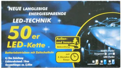 The image shows the packaging of a string of LED lights.