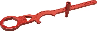 A red hydrant wrench is shown against a white background.