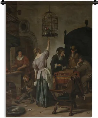 Produktbild von MuchoWow® Wandteppich Wandbehang Der Papageienkäfig - Jan Steen 120x160 cm Tapisserie Dekoration Wandtuch - Wohnzimmer - Moderne