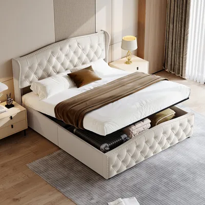 Produktbild von ProximaX Polsterbett 140x200cm mit Lattenrost, Hydraulisches Boxspringbett mit Bettkasten und Stauraum, Samt Doppelbett Stauraumbett Funktionsbett, Beige