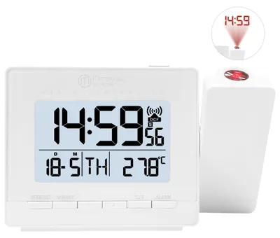 Produktbild von Funk-Projektionswecker Weiß – DCF77 Funkuhr mit roter LED-Projektion, Temperaturanzeige, Snooze, Projektion 180°/360° drehbar