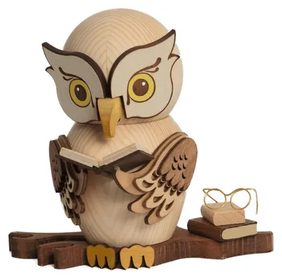 Produktbild von Drechslerei Kuhnert - Räucherfigur Eule mit Büchern - Größe ca. 15cm, für Räucherkerzen Größe M (Standard) - 37202
