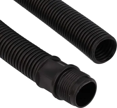 Two black corrugated hoses, one with a connector, against a white background.