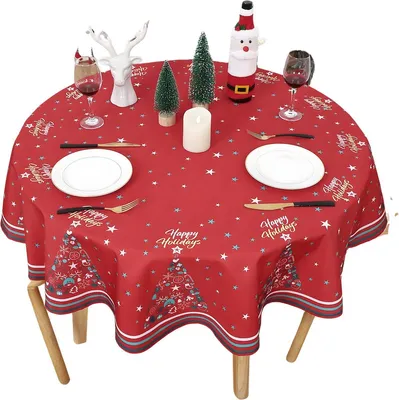 Productafbeelding van Ronde kersttafelkleed, 152 cm – Waterafstotende tafeldecoratie van polyester, geschikt voor de eettafel en kerstbijeenkomsten