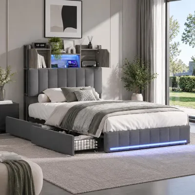 Obrázek produktu pro Postel INONEFT, 90x200 cm, čalouněná, s LED osvětlením a USB porty, 4 zásuvky, dětská postel s uzavřenou úložnou zásuvkou v čele, rám postele s rošt, barva: lněná šedá, Obrázek vytvořený pomocí AI