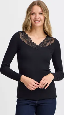 Immagine prodotto di Fransa FRHizamond Maglia a maniche lunghe da donna, modello basic con pizzo, scollo a V, misto cotone, vestibilità slim