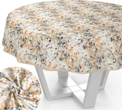 Produktbild von Tischdecke Holzmosaik aus Textil mit Exclusiven Motiven wasserabweisend Tischtuch Tischwäsche Aquarell Bunt Rund 120cm mit Paspelband