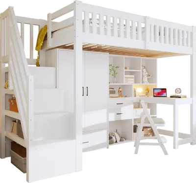 Produktbild von Hochbett mit Schreibtisch, Kleiderschrank, Regal, Lattenrost und Rausfallschutz, 90x200cm, Kinderbett, Jugendbett, Kiefer