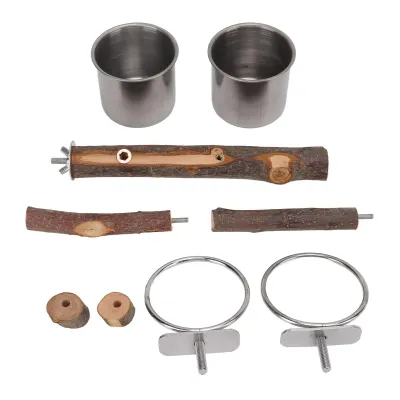 Imagen del producto de Soporte de madera para loros con cuenco de acero inoxidable para comida. Combinación de soporte para comedero y jaula para pájaros. (Talla S)