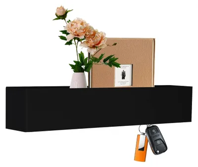 Produktbild von 43cm Schlüsselbrett Mit Ablage, Garderobenhaken Schwarz Modern Minimalist-Stil, Versteckte Haken, Wandgarderobe Mit Ablage, Eisen Garderobenleiste, Für Flur Möbel,Schlafgemach,Küche, Fünf Haken
