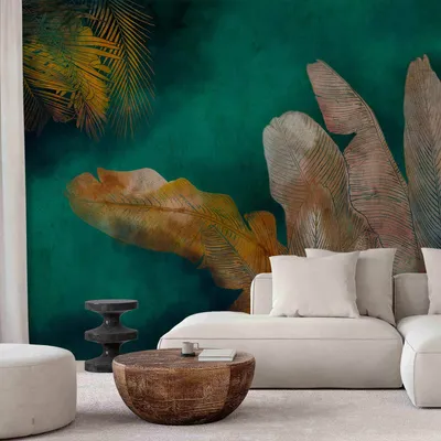 Produktbild von Selbstklebende Folie Fototapete - Exotic jungle - plant motif with reflected leaves on a green background 441x315 cm Abstrakt b-A-0825-a-a