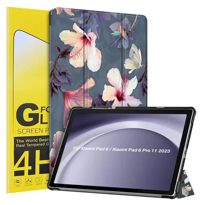 Produktbild von Schutzhülle + 2x 4H Displayfolie für Xiaomi Pad 6 / 6 Pro 11.0 Zoll Cover Case Schutz Tablet Farbe: Blühender Hibiskus