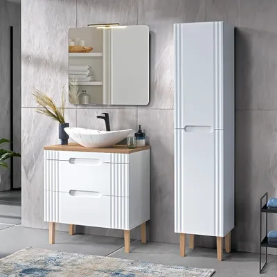 Produktbild von Badmöbelset weiß mit 80cm Waschtisch, Waschbecken, Hochschrank, LED-Spiegel, FAIRFIELD-56