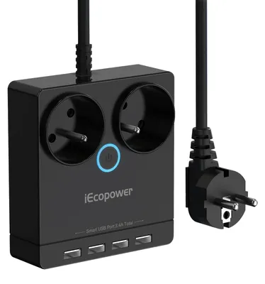 Obrázok produktu pre iEcopower predlžovací kábel s 2 zásuvkami, 4 USB portmi, dĺžka 1,5 m, čierny