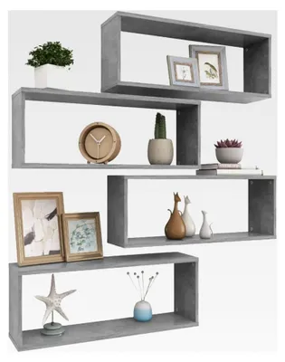 Produktbild von Würfelregale 4 Stück Bücherregal Schwebend, Regalbrett, Kleinregal, Schubladenregal, Wandregal, Hausregal, Schmalregal, Hängeregal, Betongrau 60x15x23 cm Holzwerkstoff