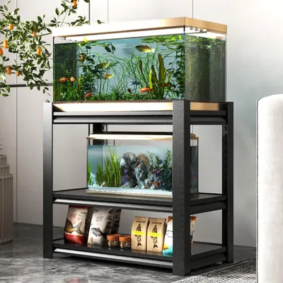 Zdjęcie produktu dla Stojak pod akwarium, przeznaczony do akwariów o pojemności 20-30 galonów (około 75-114 litrów), wymiary: 86,3 x 45,7 x 80 cm, metalowa konstrukcja, regulowana wysokość, kolor: czarny
