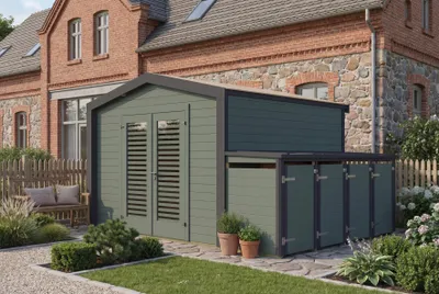 Produktbild von Gartenhaus Killarney, 300x300cm, Grüngrau, 28mm, 4er Mülltonnenbox, KI-generiertes Bild
