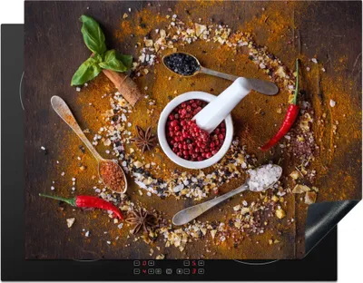 Produktbild von KitchenYeah© Herdabdeckplatte Mörser - Kräuter - Löffel - Gewürze - Braun - Pfeffer , 77x59cm, Küche Deko, Glaskeramikkochfeld Herdabdeckung, Abdeckplatte fùr Kochfeld
