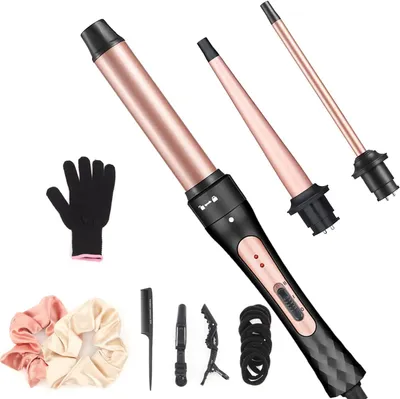 Produktbild von 3-in-1 Lockenstab Set mit austauschbaren Keramik-Ionenfässern, schnelles Aufheizen 210 °C, Turmalin-Keramik, Handschuh, für verschiedene Lockenstile