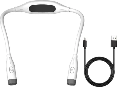 A white LED neck lamp with a USB charging cable on a white background.
