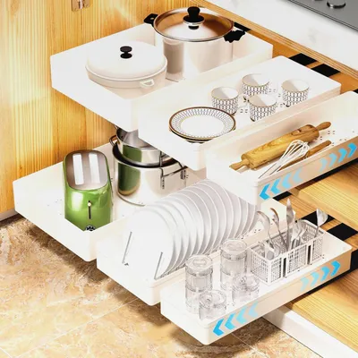 Produktbild von Ausziehbare Schublade Küche, 40x27x8cm Teleskopschublade ABS Schrank Organizer Schieben Sie aus Schubladen Regale für Küche Pantry, Wohnzimmer, Badezimmer
