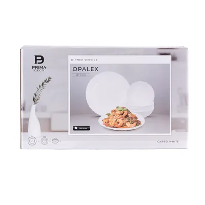 A product box for a dinner service set, featuring an image of plates and food.