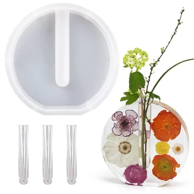 Image de Moules en silicone pour vases avec 3 tubes à essai, moules pour résine époxy, vase à fleurs à fabriquer soi-même, 19,5 x 19,5 cm