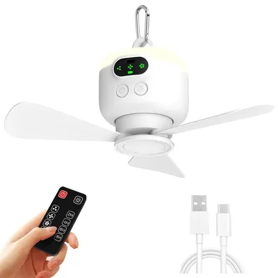 Produktbild von Tragbarer Hängelüfter mit Fernbedienung, 8000 mAh Akku, 3 abnehmbare Flügel,  3 Windstufen,für Zelt, Pavillon, Terrasse oder Strand