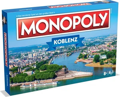 A Monopoly board game box featuring a cityscape of Koblenz, Germany.