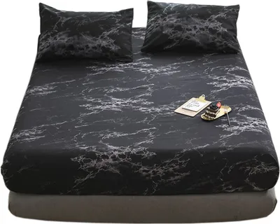 Produktbild von CANDeal 3 Pieces Black Marble Printed Double Bed Sheet Set, 1 Fitted Sheet and 2 Pillow Cases, Polyester Luxury Bedding with 35CM Deep Pockets