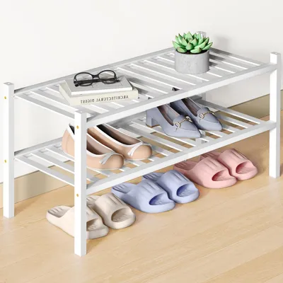 Immagine prodotto di Scaffale per scarpe in bambù, 2 ripiani, bianco, impilabile, salvaspazio