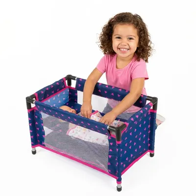 Produktbild von Puppenreisebett mit Tasche und Bettwäsche – faltbares Puppenbett marineblau – für Puppen bis 46 cm
