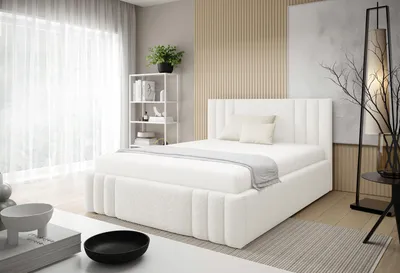 Image de Lit rembourré RIVIO avec coffre de rangement | Lit 160 x 200 | Lit double avec espace de rangement et sommier à lattes | Style lit boxspring | Sans matelas | Chambre à coucher - Blanc