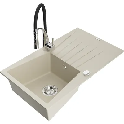 Obrázek produktu pro Mexen Cesar 1-miskový granitový dřez s odkapávačem a kuchyňskou baterií Aster, Béžová - 6514-69-73450-07