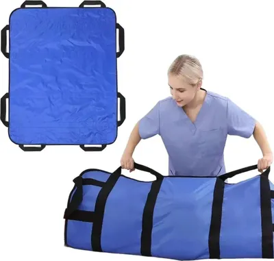 Produktbild von Multifunktionale Patienten-Transfermatte, 122x102cm, mit 8 Griffen, belastbar bis 180kg, waschbar für Bettlägerige, Blau