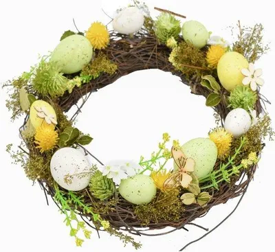 Produktbild von Unyqoos® Osterkranz – handgefertigter Frühlingskranz, Tisch- und Türdeko (Ø außen 30 cm / Ø innen 14 cm), Grün‑Gelb‑Braun mit Ostereiern, natürliche Materialien
