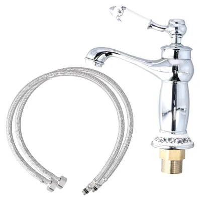 Produktbild von Retro Wasserhahn, Antiker Keramik Messing Wasserhahn, Armatur für Waschbecken mit Keramikventil, Badarmatur mit 2 flexiblen 60 cm G1/2 Zoll Schläuchen, Einfache Montage