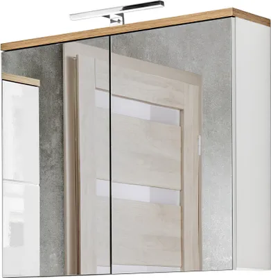 Produktbild von Badezimmer Spiegelschrank 80 cm LED-Beleuchtung LUTON-56 in weiß mit Wotan Eiche Nb., B/H/T ca. 80/70/20 cm