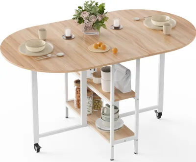 Produktbild von Mondeer Klappbarer Esstisch Küchentisch mit 2 Ablagen und Rollen 140 x 80 x 75 cm Eiche+Weiß