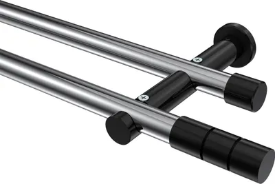 Produktbild von Interdeco Gardinenstange / Vorhangstange Chrom / Schwarz, Typ Platon Elanto (Rillenzylinder) ohne Ringe, 20 mm Ø 2-läufig, 180 cm