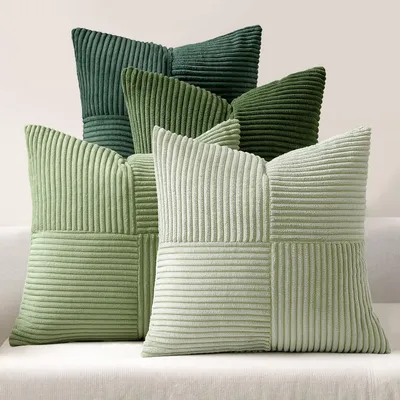 Produktbild von 4er-Set Kissenbezüge aus Cord, 60 x 60 cm, Patchwork-Stil, weiche Dekokissen, modernes Design, verdeckter Reißverschluss, Sofakissen, Dekokissen, grün